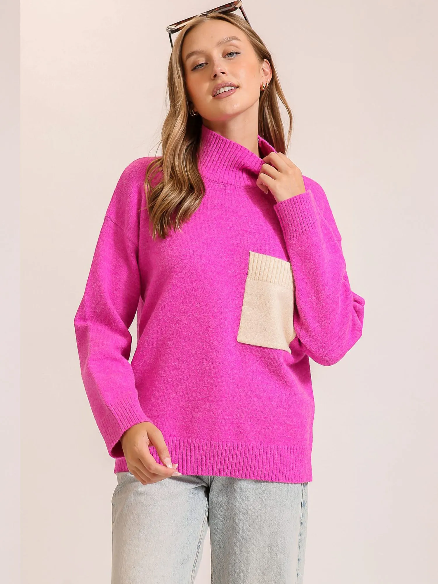 Long Sleeves Contrast Pocket Mock Neck Sweater