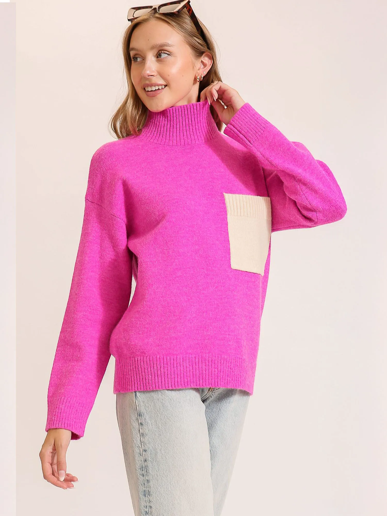 Long Sleeves Contrast Pocket Mock Neck Sweater