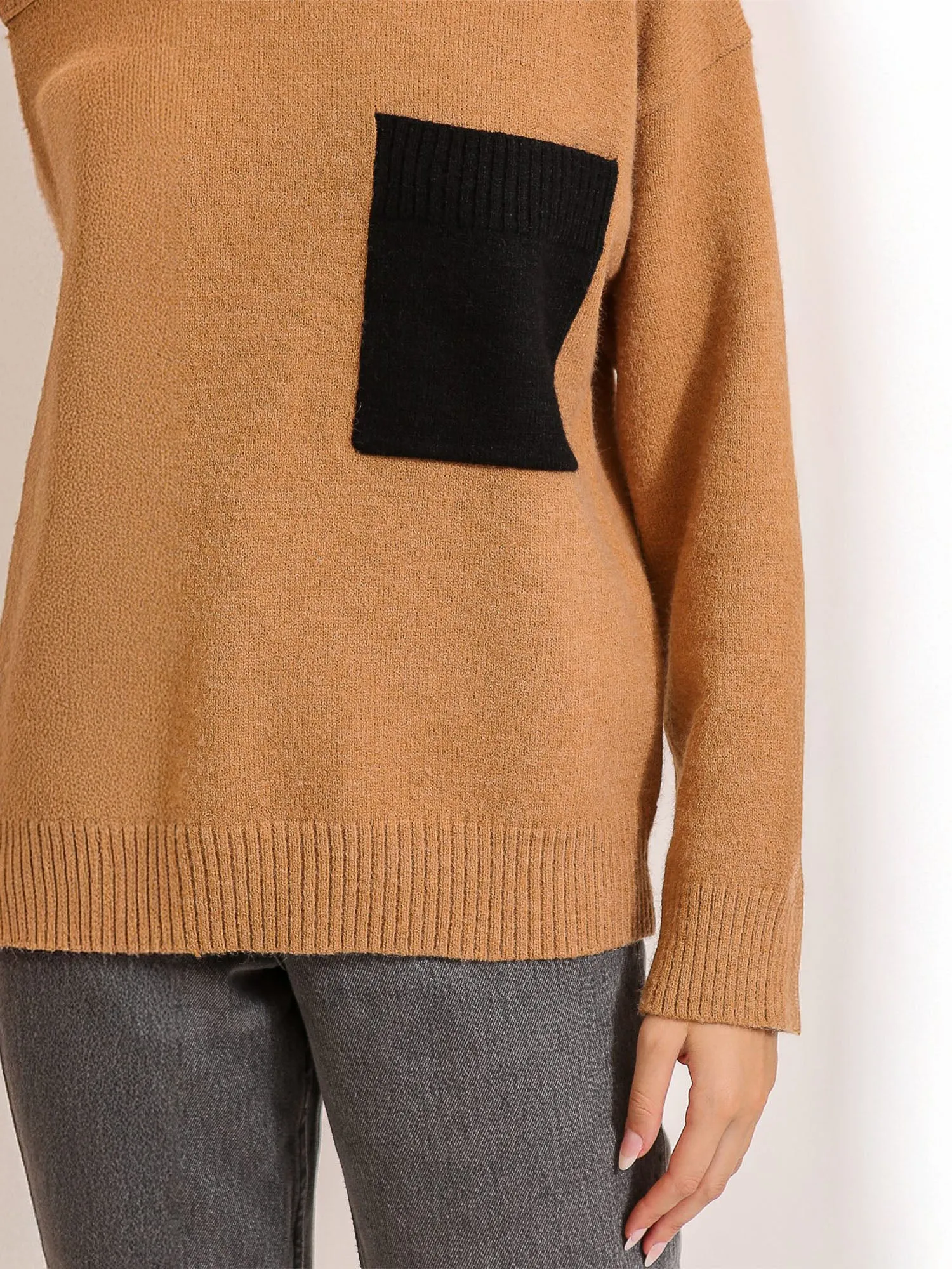 Long Sleeves Contrast Pocket Mock Neck Sweater