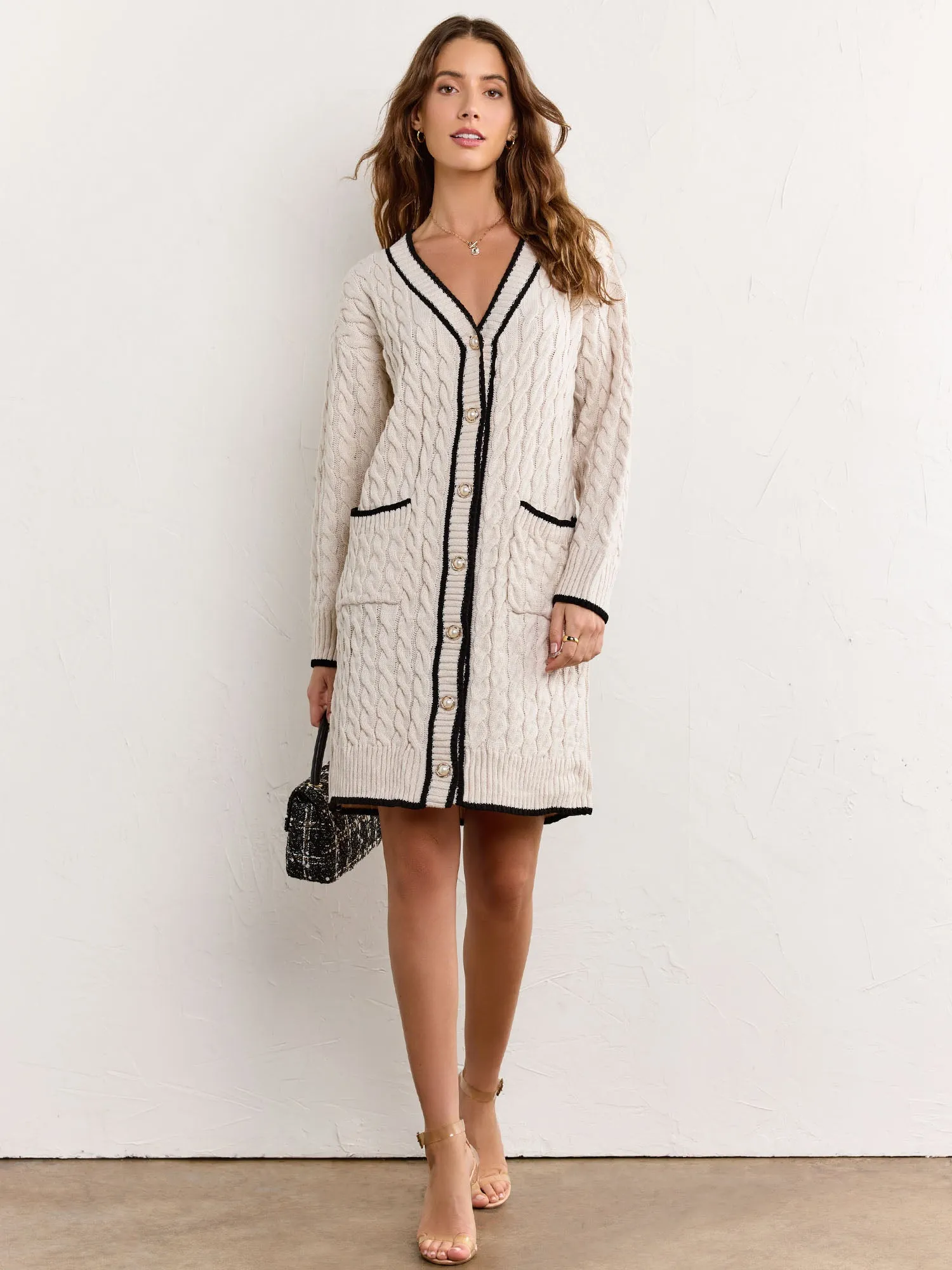 Longline Contrast Trim Cable Knit Cardigan - Fore Collection