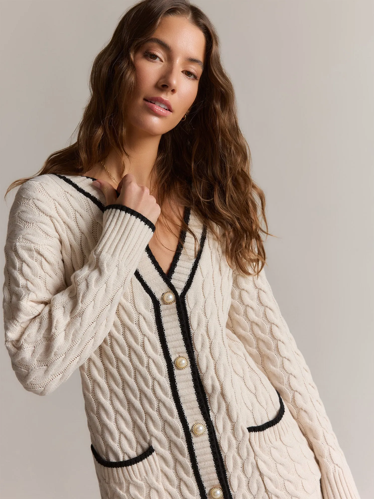 Longline Contrast Trim Cable Knit Cardigan - Fore Collection