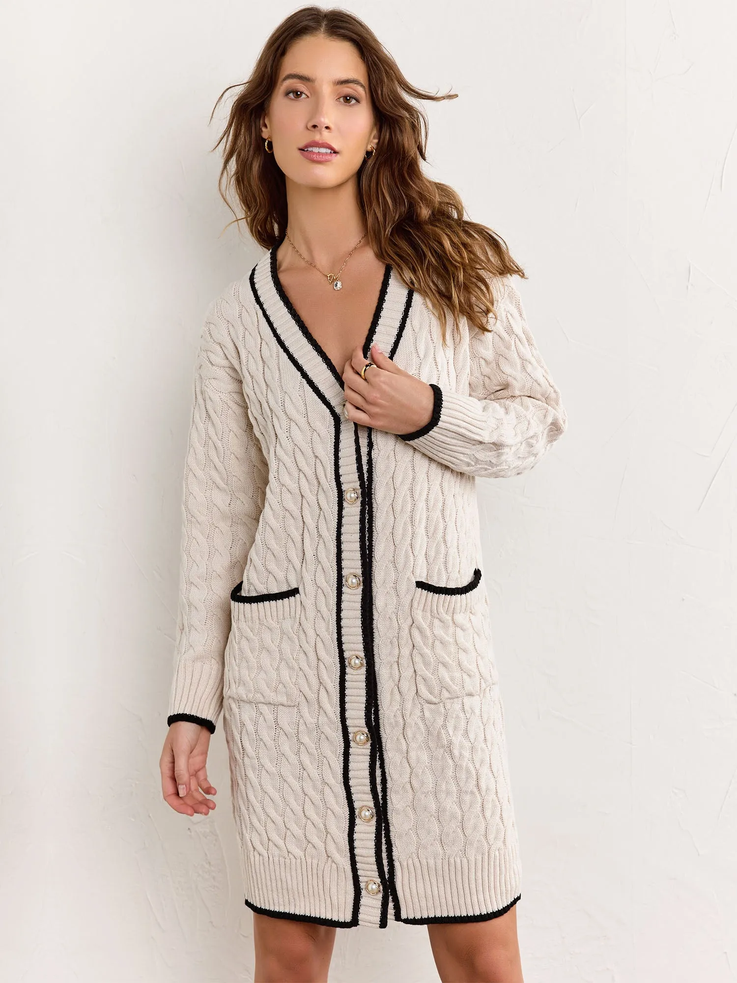 Longline Contrast Trim Cable Knit Cardigan - Fore Collection