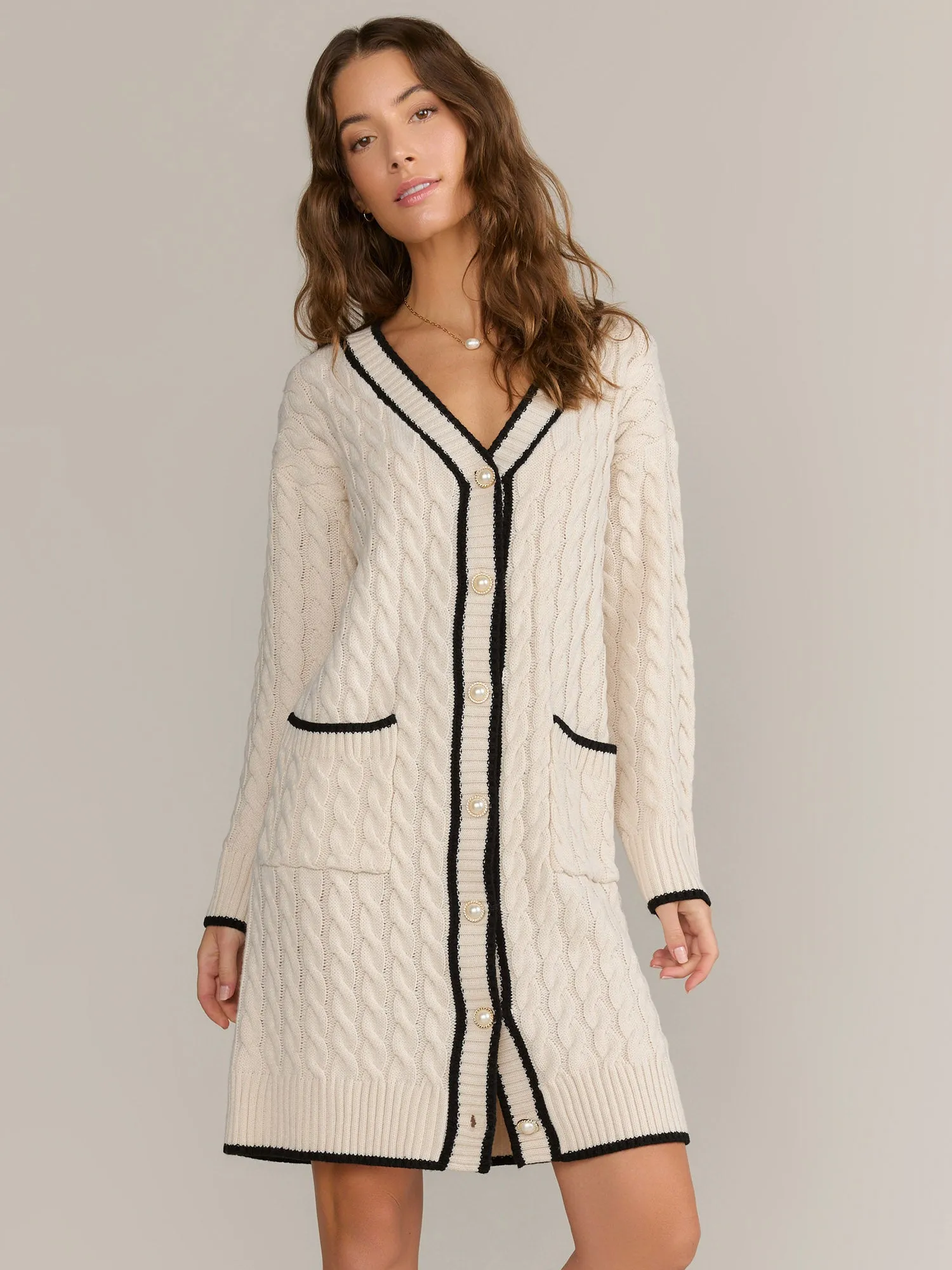 Longline Contrast Trim Cable Knit Cardigan - Fore Collection