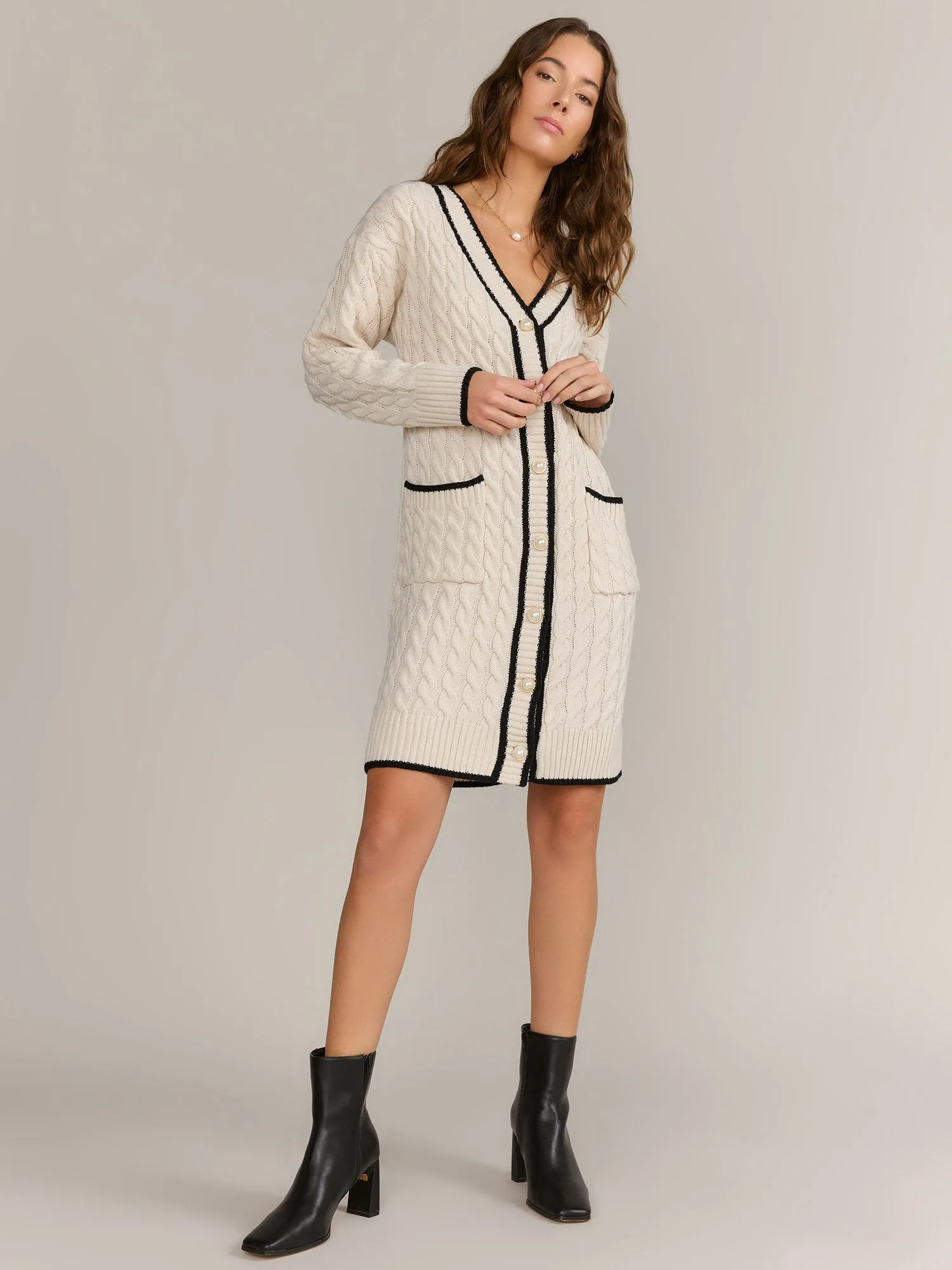 Longline Contrast Trim Cable Knit Cardigan - Fore Collection