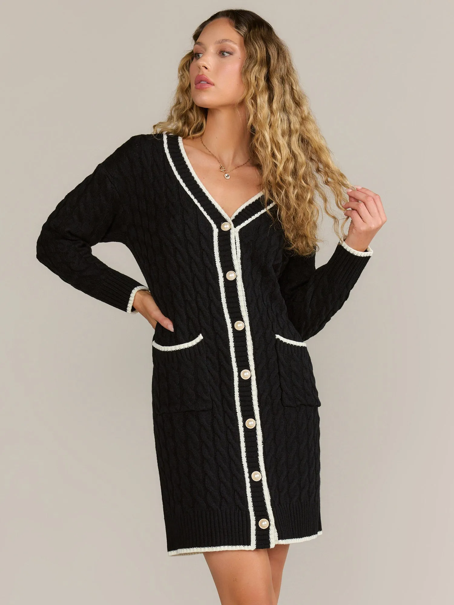 Longline Contrast Trim Cable Knit Cardigan - Fore Collection