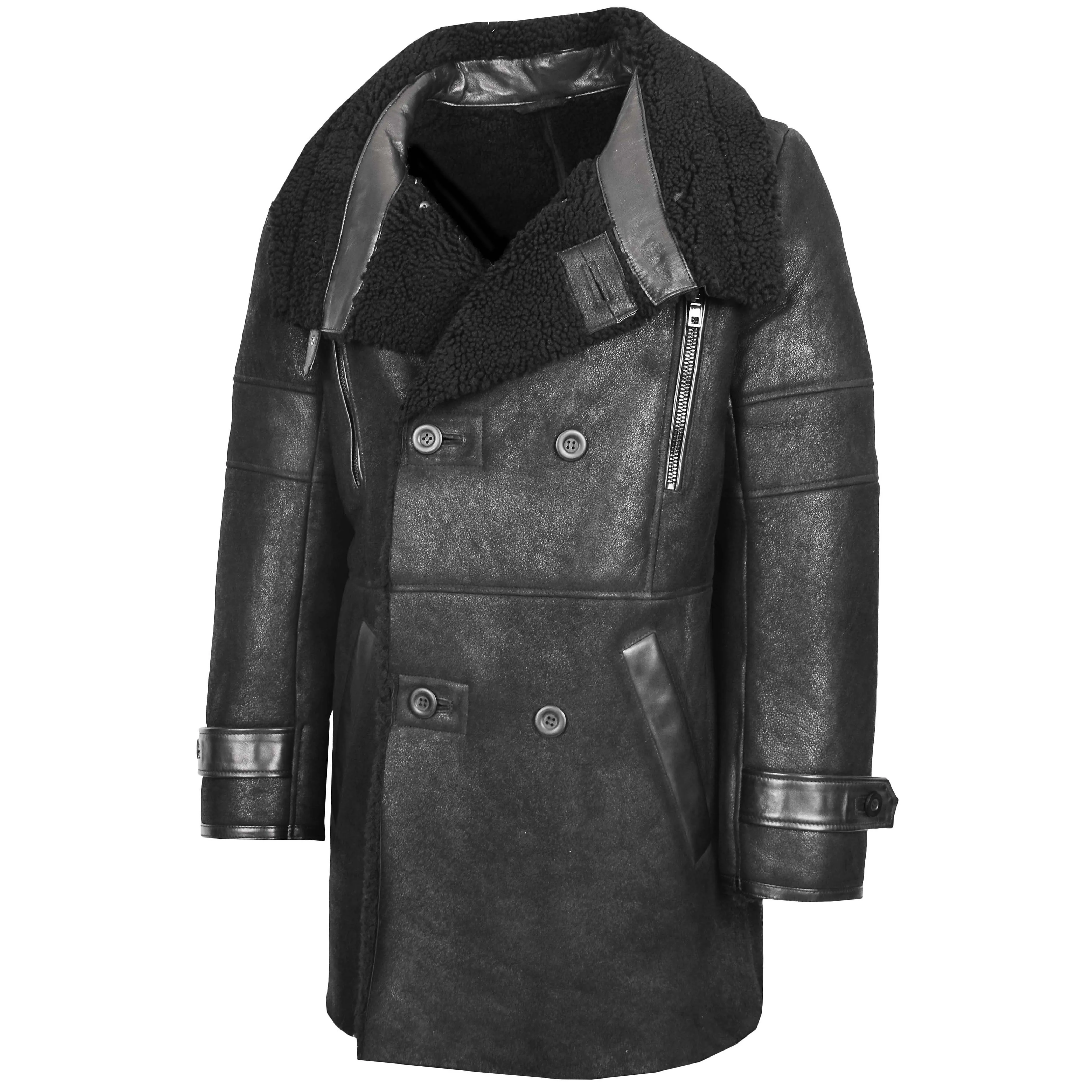 Mens Double Breasted Sheepskin 3/4 Length Coat Bryan Black