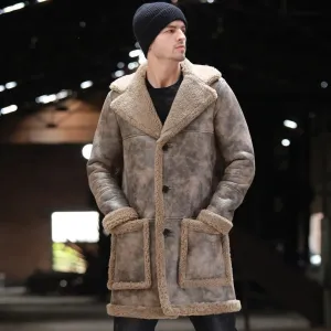 Men's Waxed Shearling Jacket - Leather Fur Long Coat