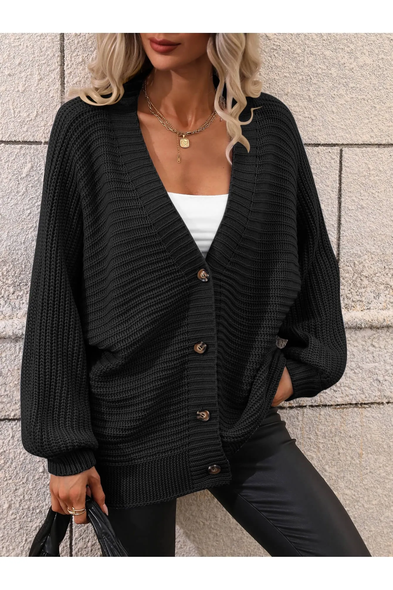 NicholesGifts Women Double Take Button Down Horizontal-Ribbing Longline Cardigan