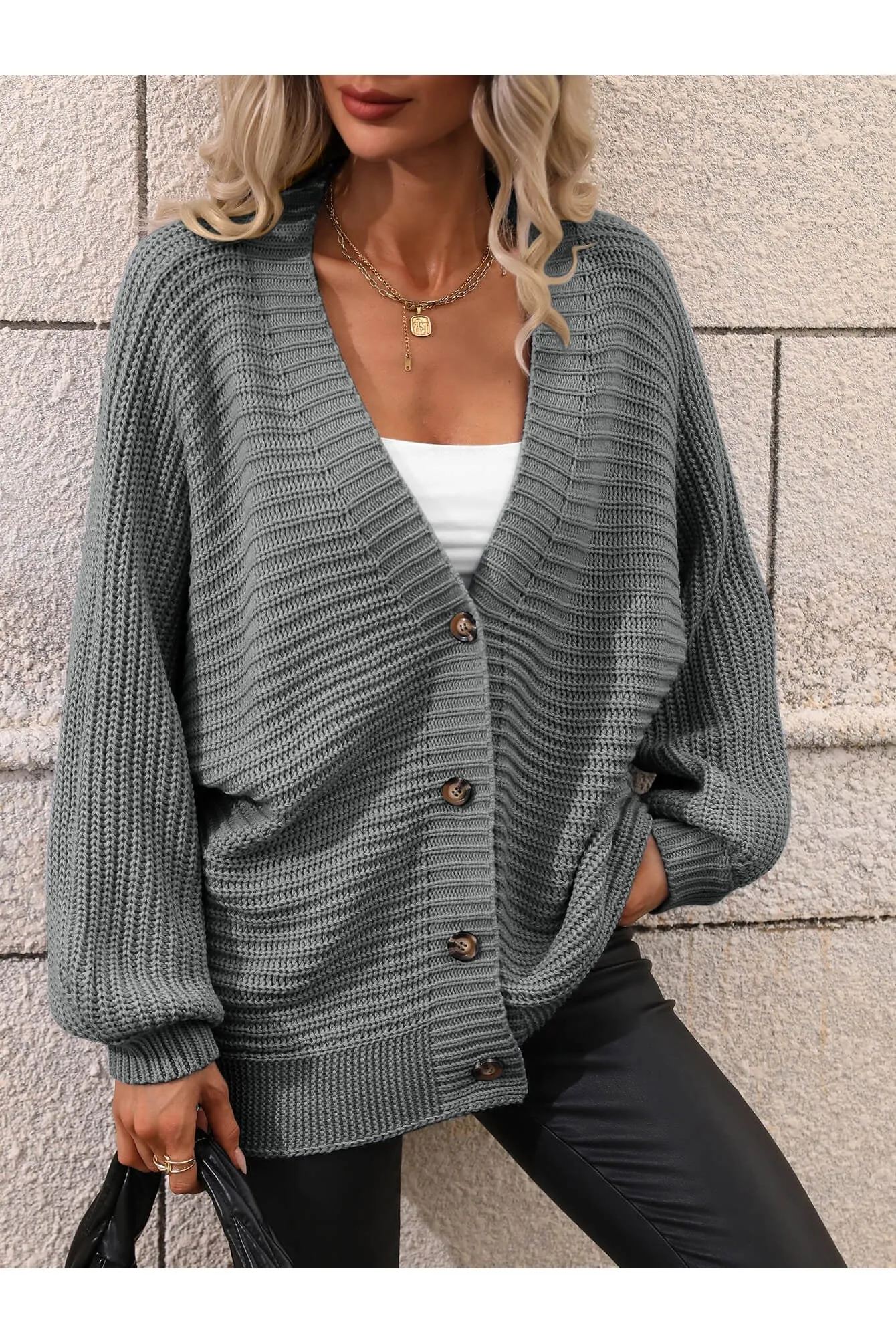 NicholesGifts Women Double Take Button Down Horizontal-Ribbing Longline Cardigan