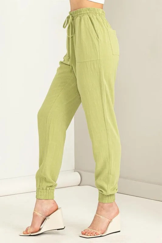 Pale Olive Chic Status Linen Drawstring Jogger