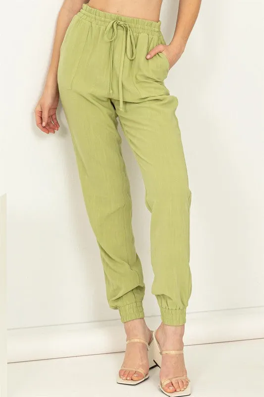 Pale Olive Chic Status Linen Drawstring Jogger