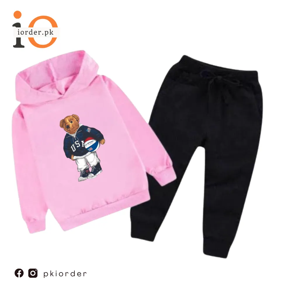 Pink Football Bear Printed Kids Hoodie Set