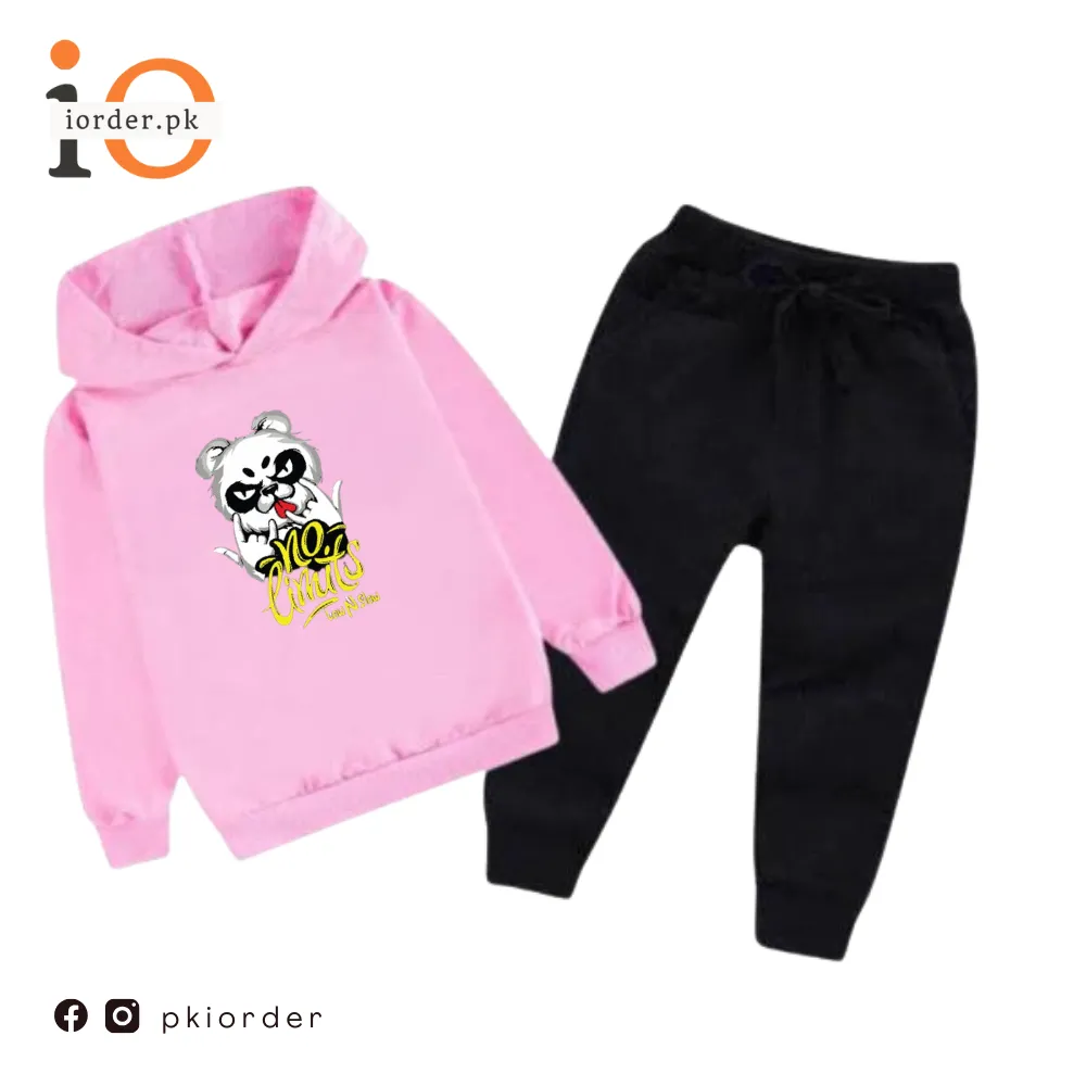 Pink No Limit Bear Printed Kids Hoodie Set