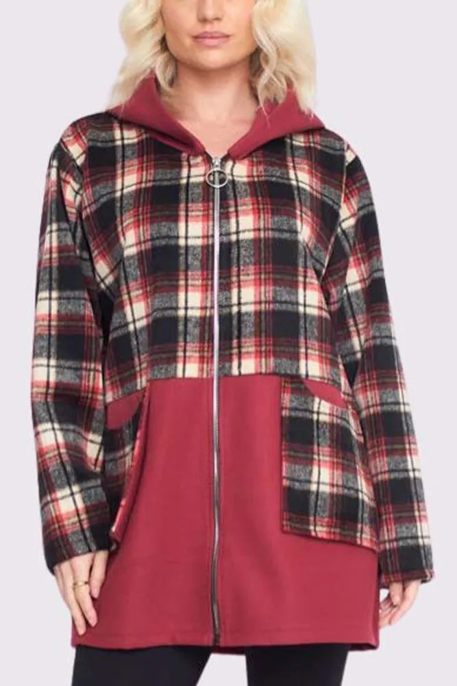 Plaid Pattern Pockets Hooded Jacket