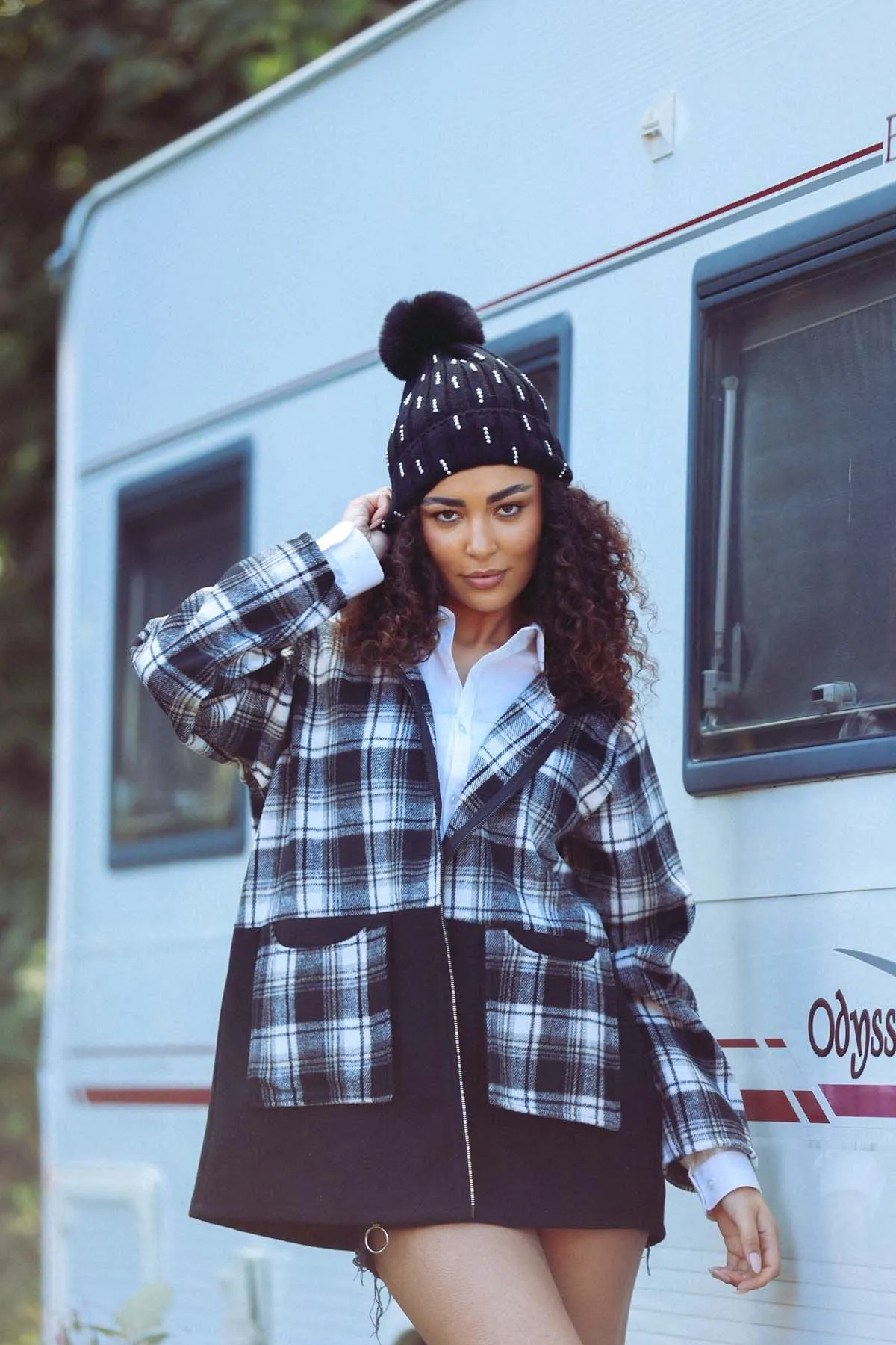 Plaid Pattern Pockets Hooded Jacket