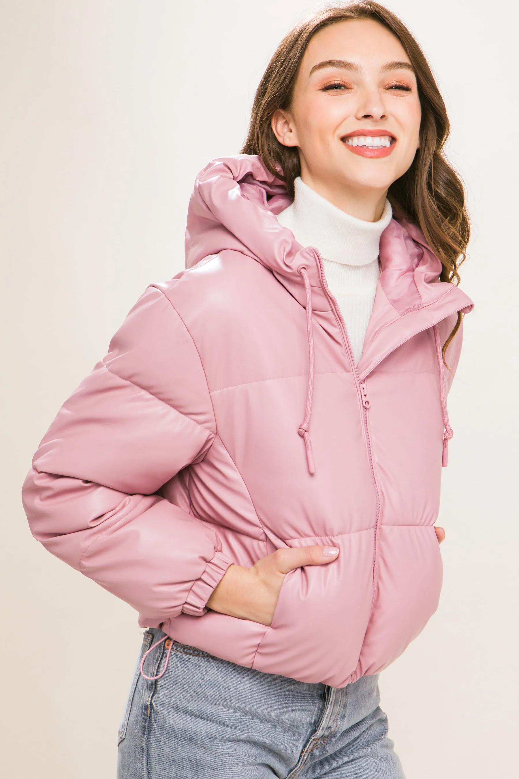 Pu Faux Leather Zipper Hooded Puffer Jacket