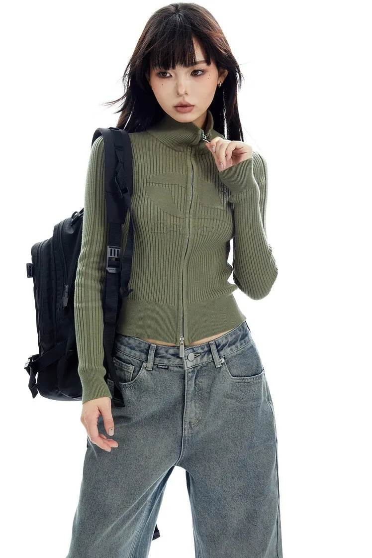 Ribbed Zip-Up Mock Neck Sweater