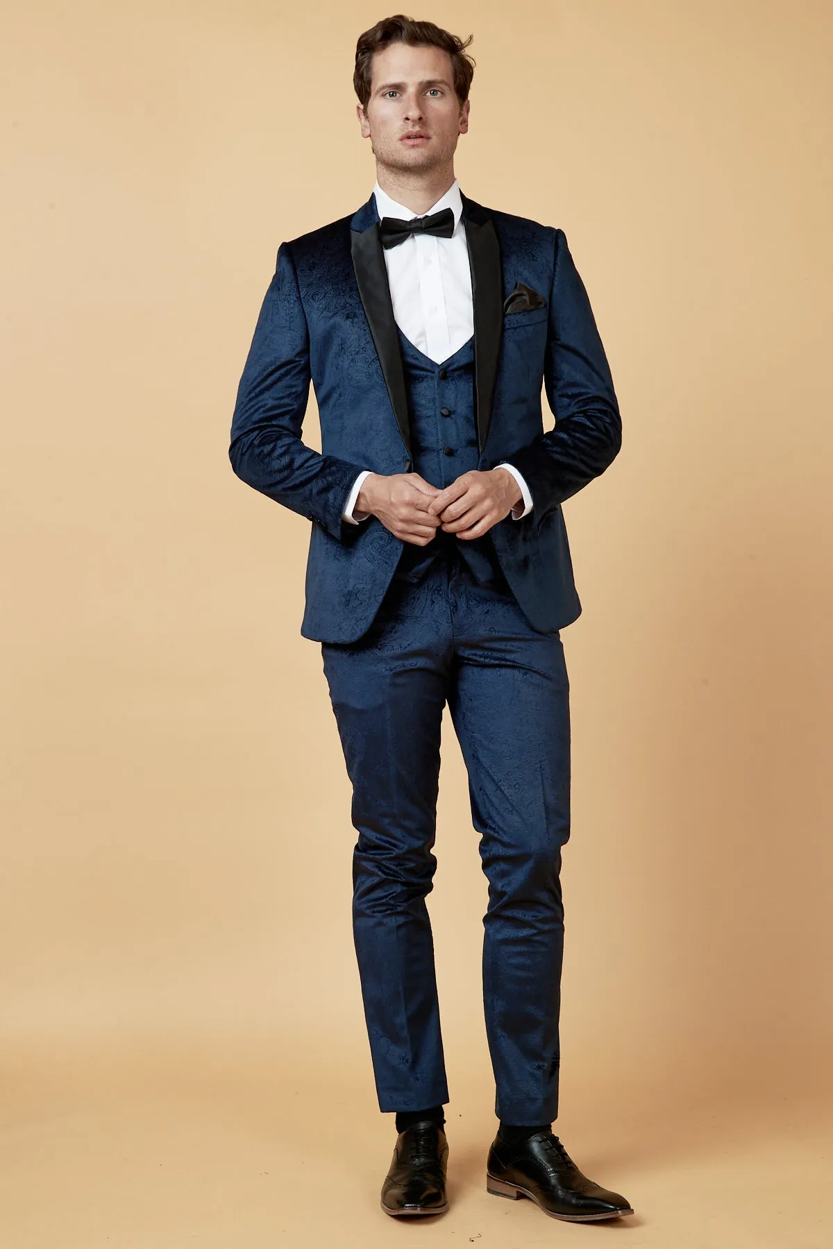 SIMON - Navy Velvet Jacquard Three Piece Suit