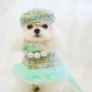 Tres Chic Aqua Tweed Dog Coat, Hat & Leash Set