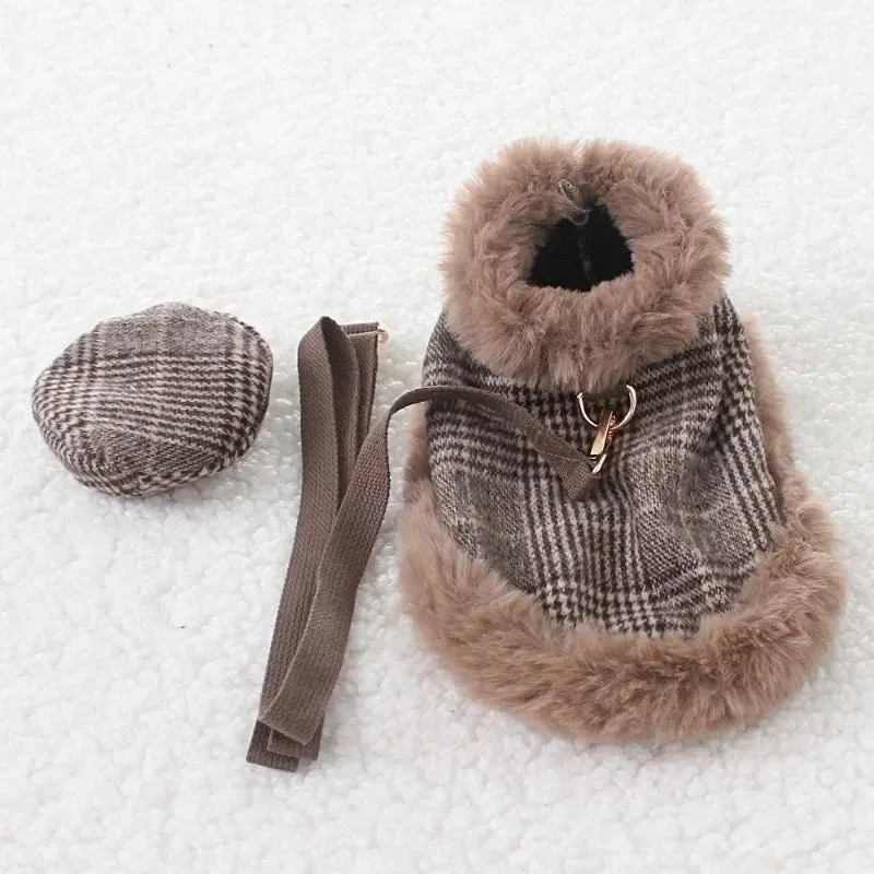 Tres Chic Brown Tweed Dog Coat, Hat & Leash Set