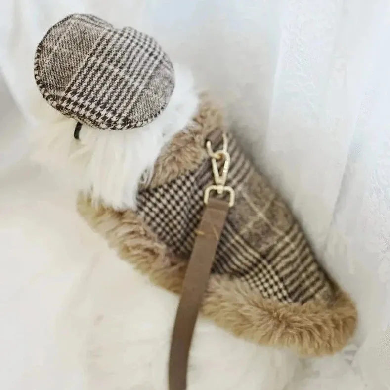 Tres Chic Brown Tweed Dog Coat, Hat & Leash Set