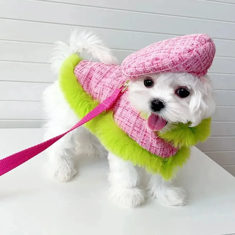 Tres Chic Pink & Lime Tweed Coat,Hat & Leash Set