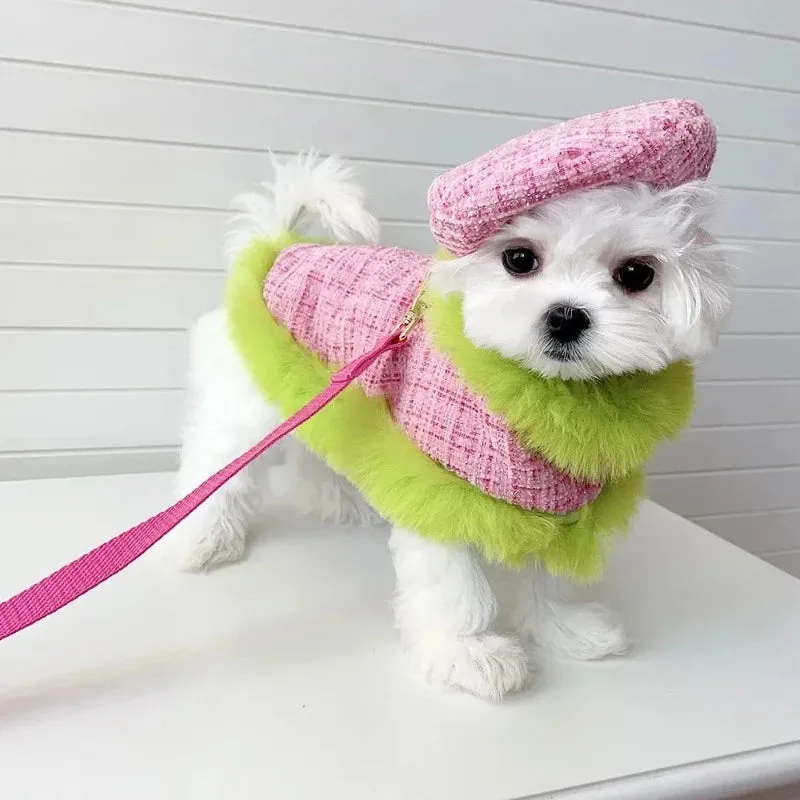 Tres Chic Pink & Lime Tweed Coat,Hat & Leash Set