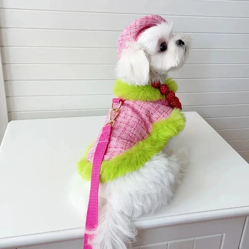 Tres Chic Pink & Lime Tweed Coat,Hat & Leash Set