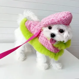 Tres Chic Pink & Lime Tweed Coat,Hat & Leash Set