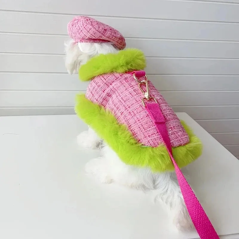 Tres Chic Pink & Lime Tweed Coat,Hat & Leash Set