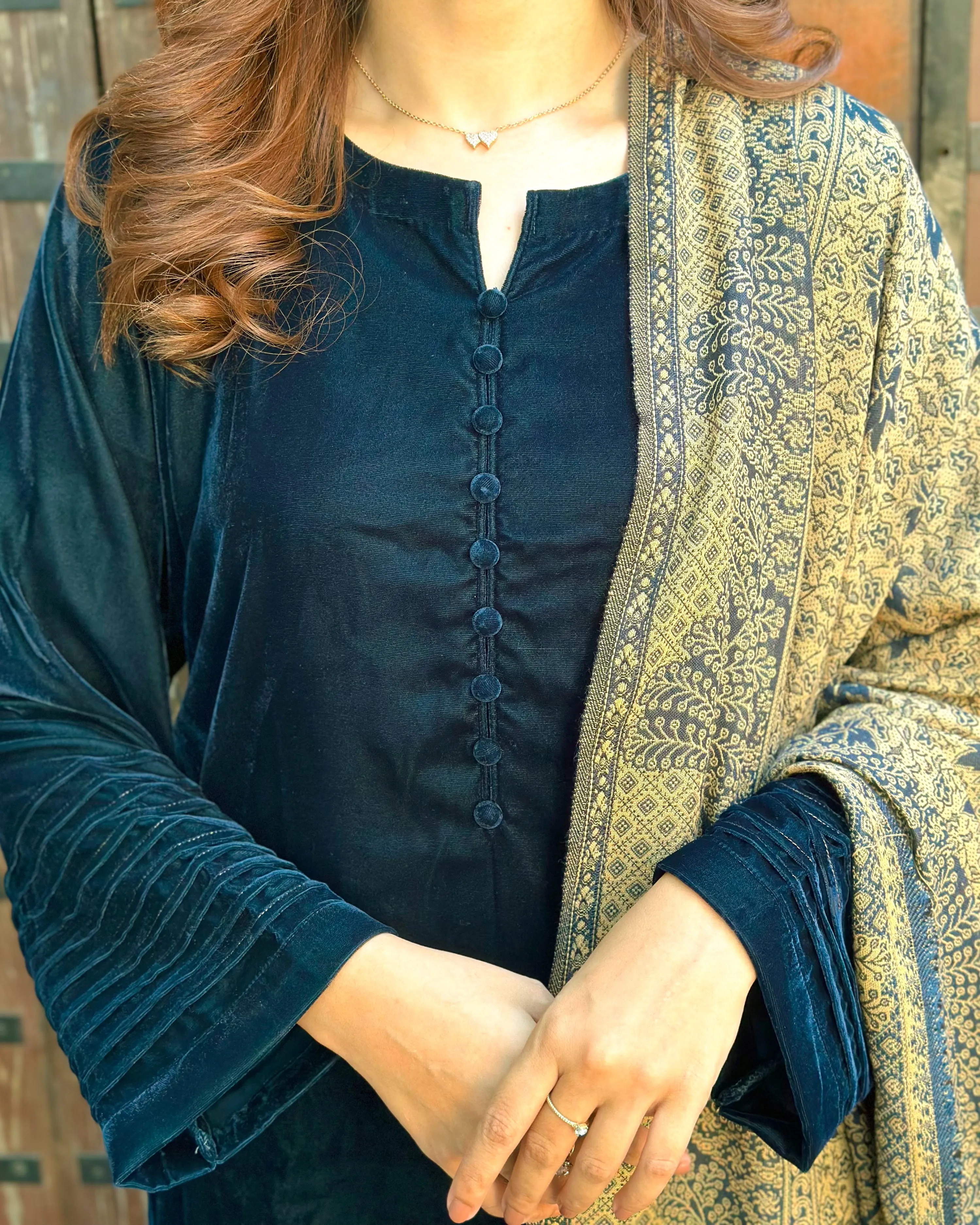 Velvet Zinc Blue Dress with Shawl