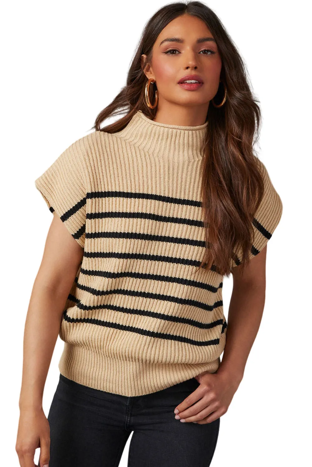 Wholesale Parchment Striped Knit Mock Neck Short Sleeve Sweater