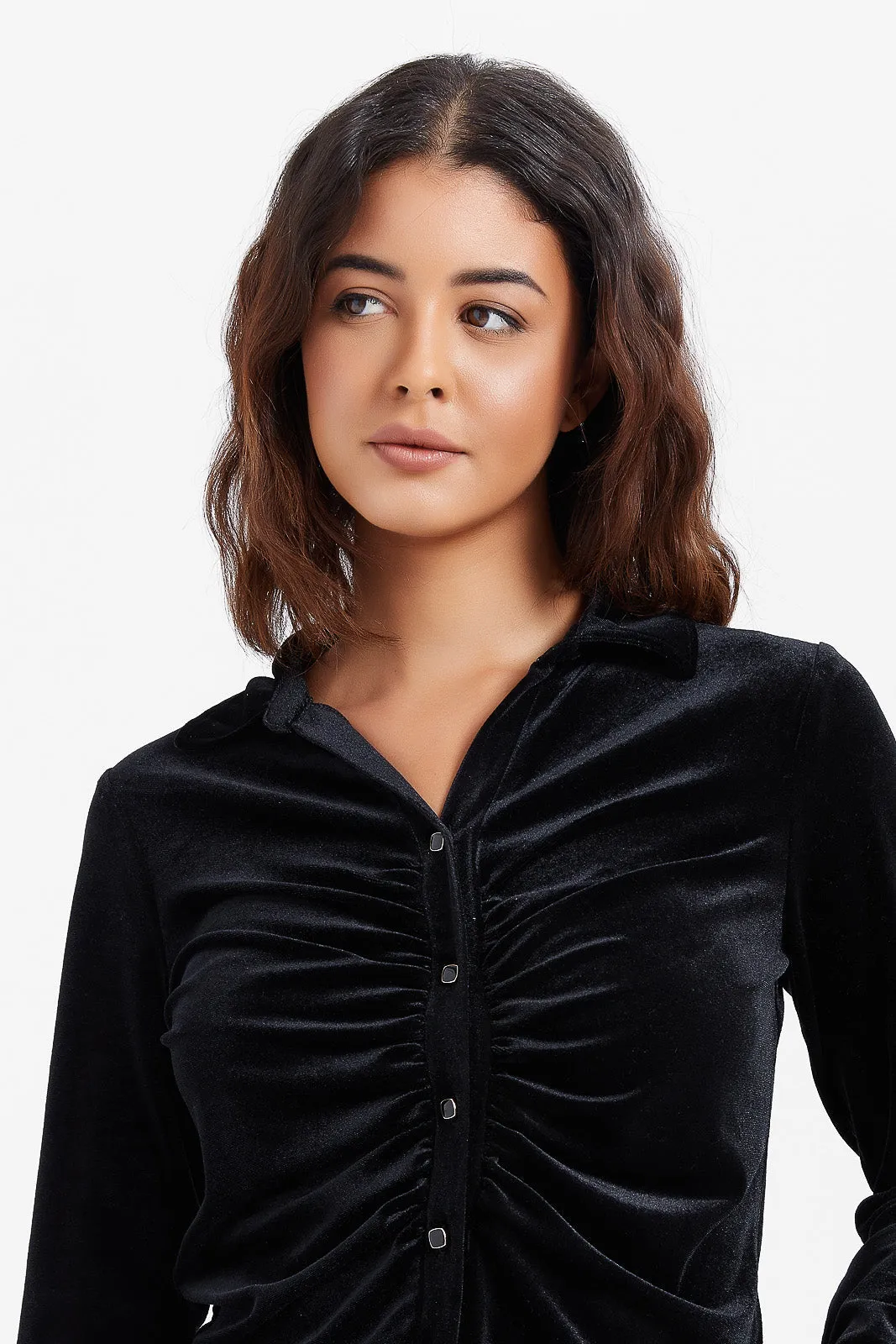 Women Black Velvet Rouched Shirt