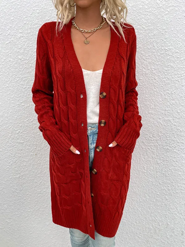 Women's Solid Colour Chunky Cable Knit Longline Button Front Cardigan