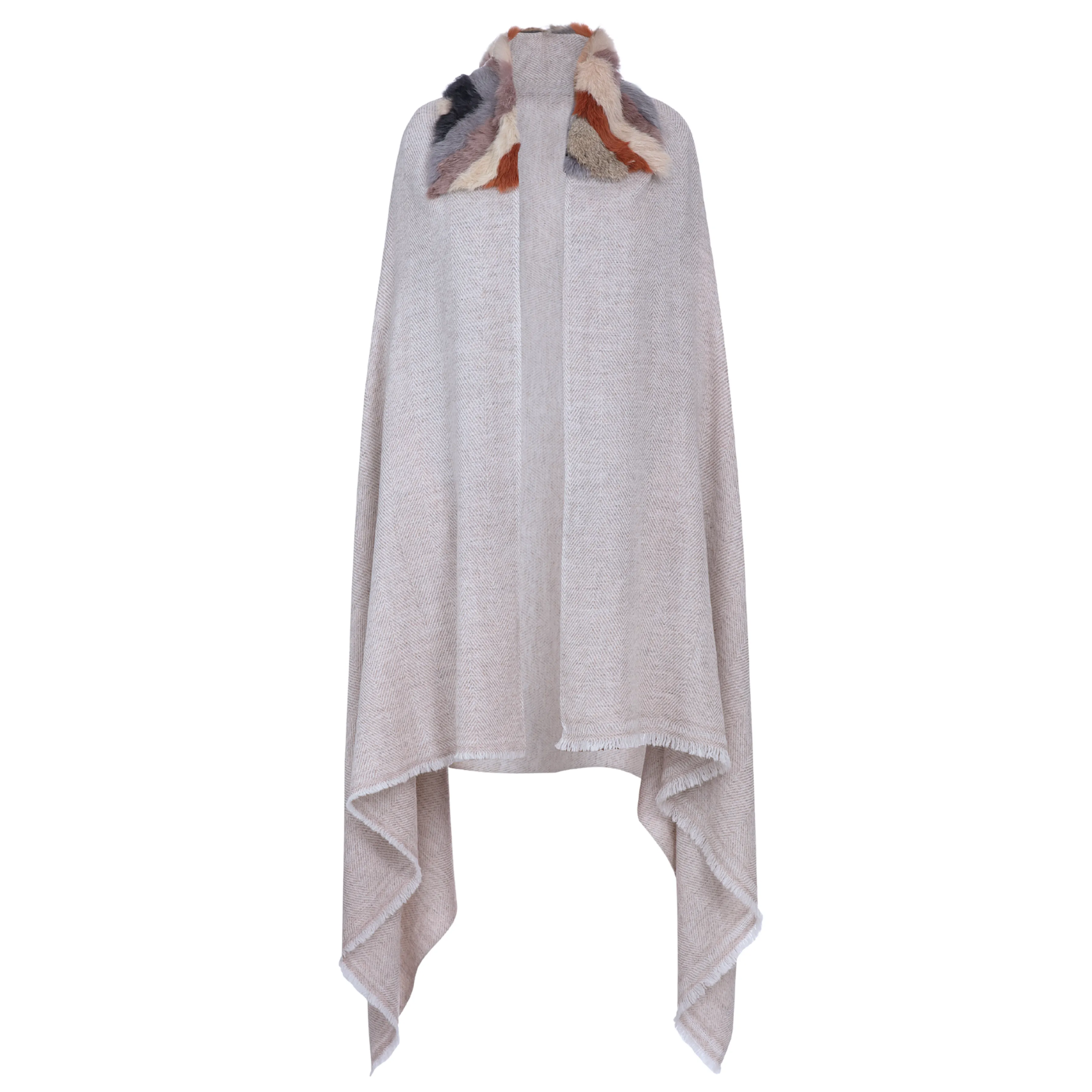 Wool Scarf with Rex Rabbit Trim - Light Grey