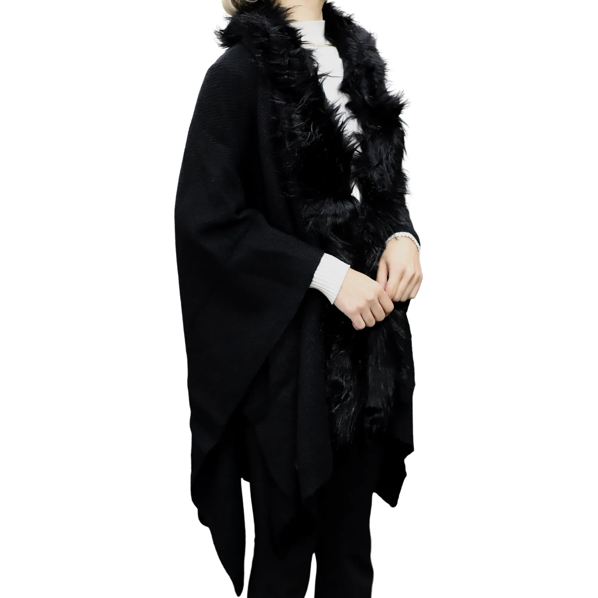 Wrap with Faux Fur Trim, Wool Blend, One Size, Black