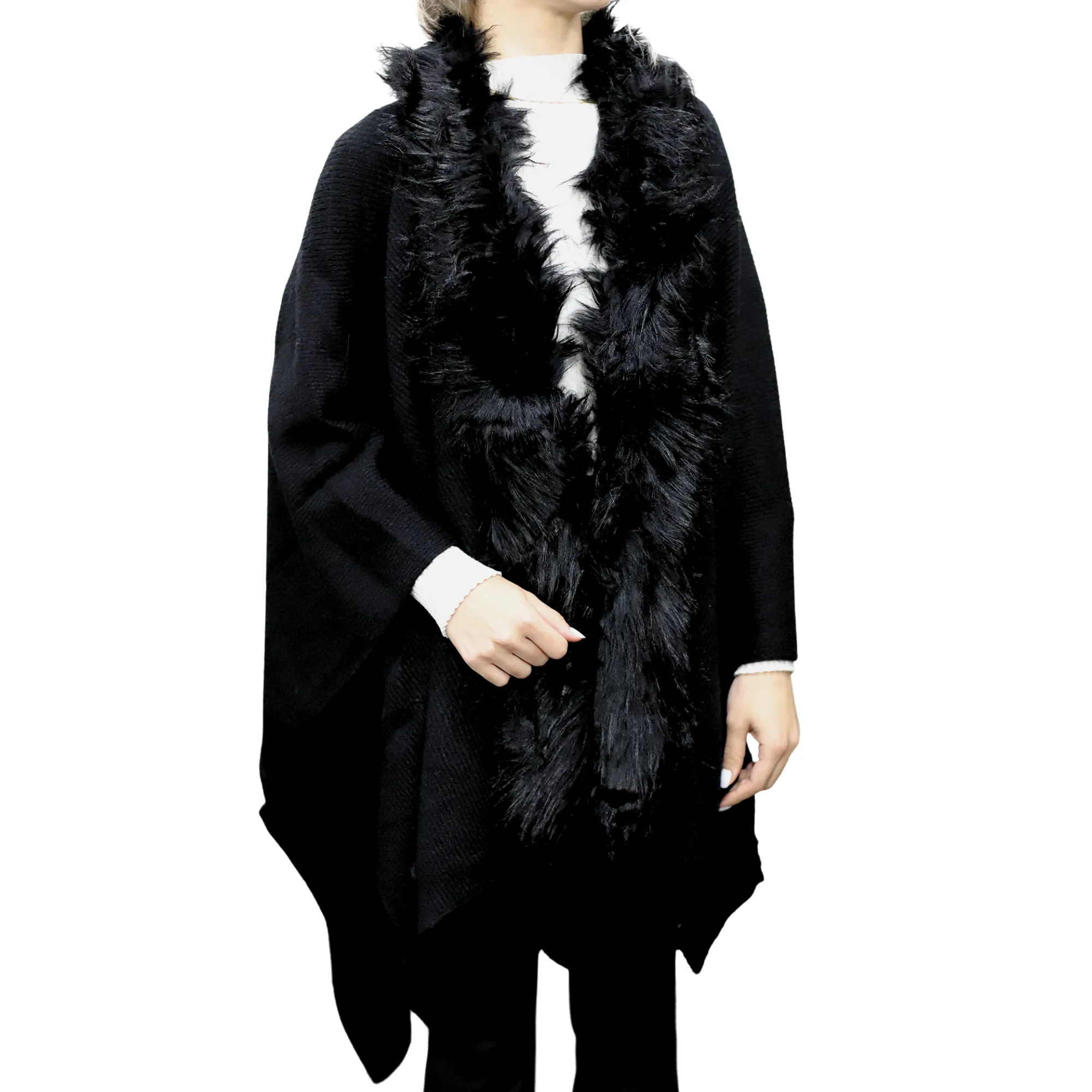 Wrap with Faux Fur Trim, Wool Blend, One Size, Black