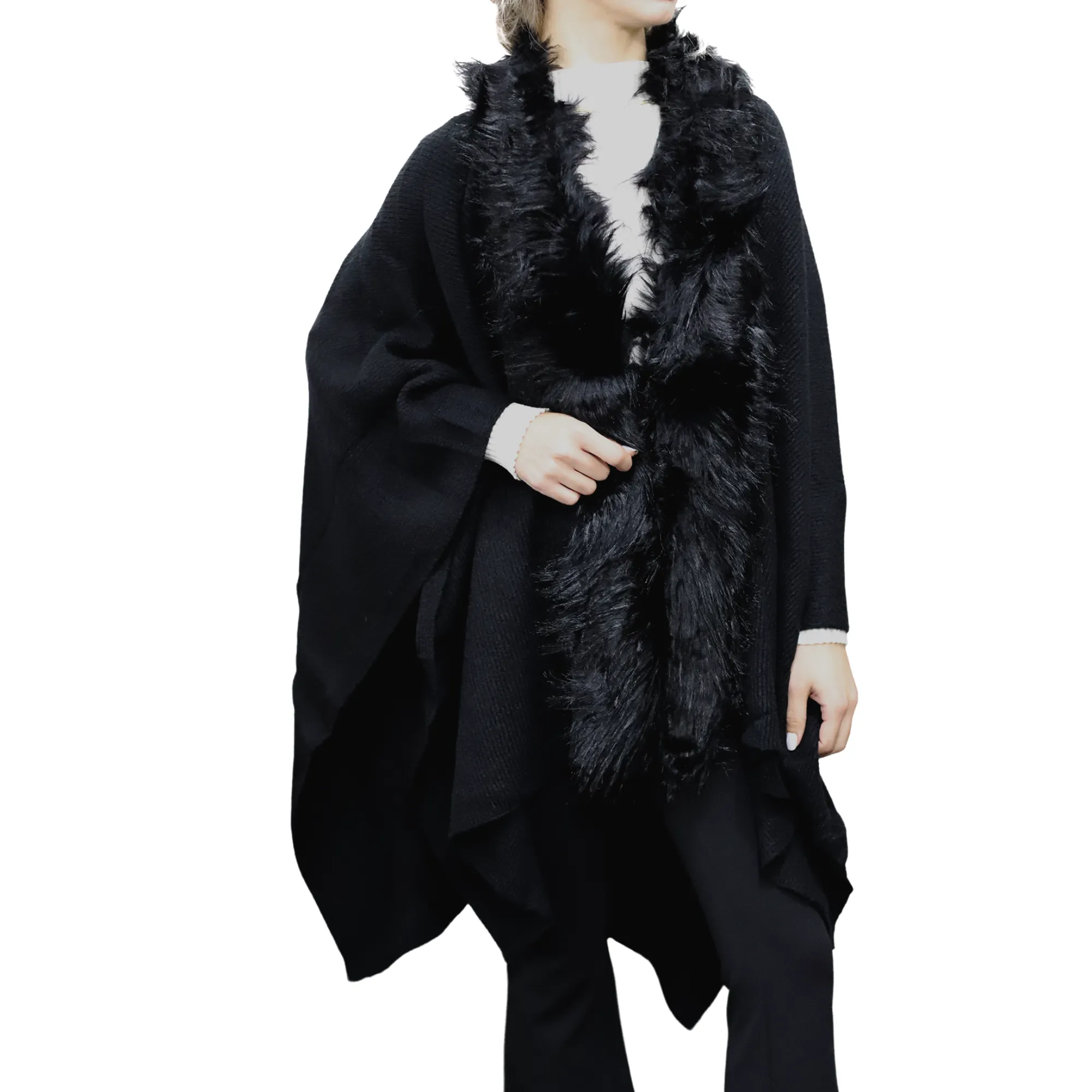 Wrap with Faux Fur Trim, Wool Blend, One Size, Black